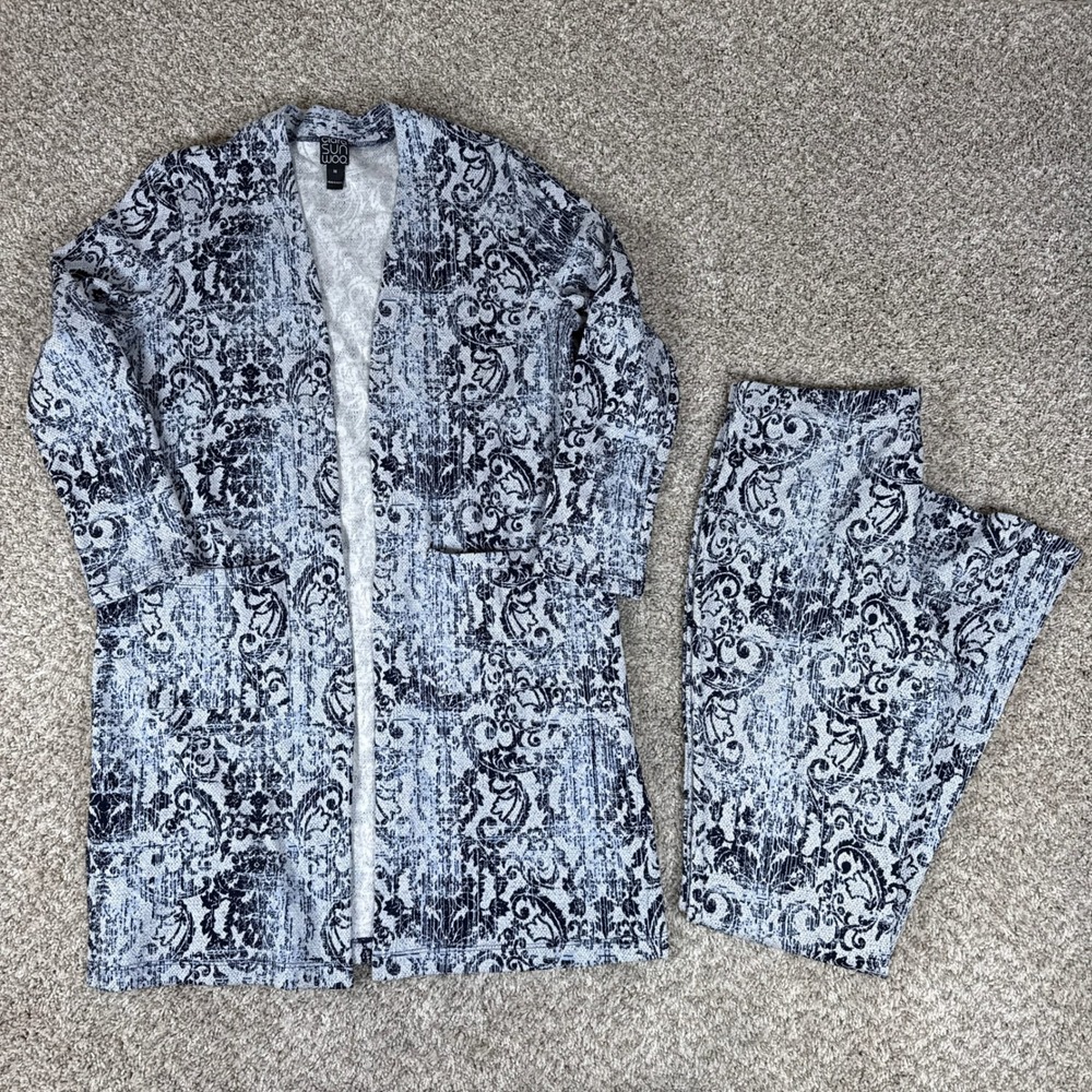 Clara Sunwoo Cardigan Pants Set Womens M L Blue Damask Stretch Travel